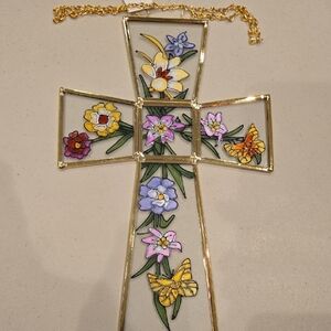 Avon Stained Glass Cross with Floral and Butterfly Design